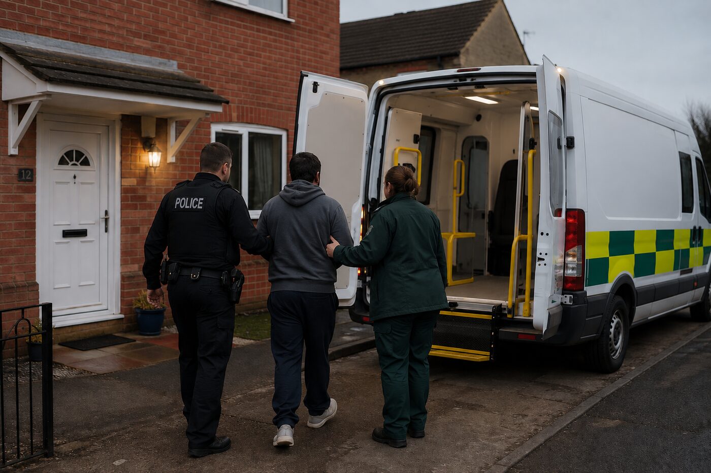Police officer and PSS crew escorting a person to a waiting secure ambulance during a Section 136 conveyance