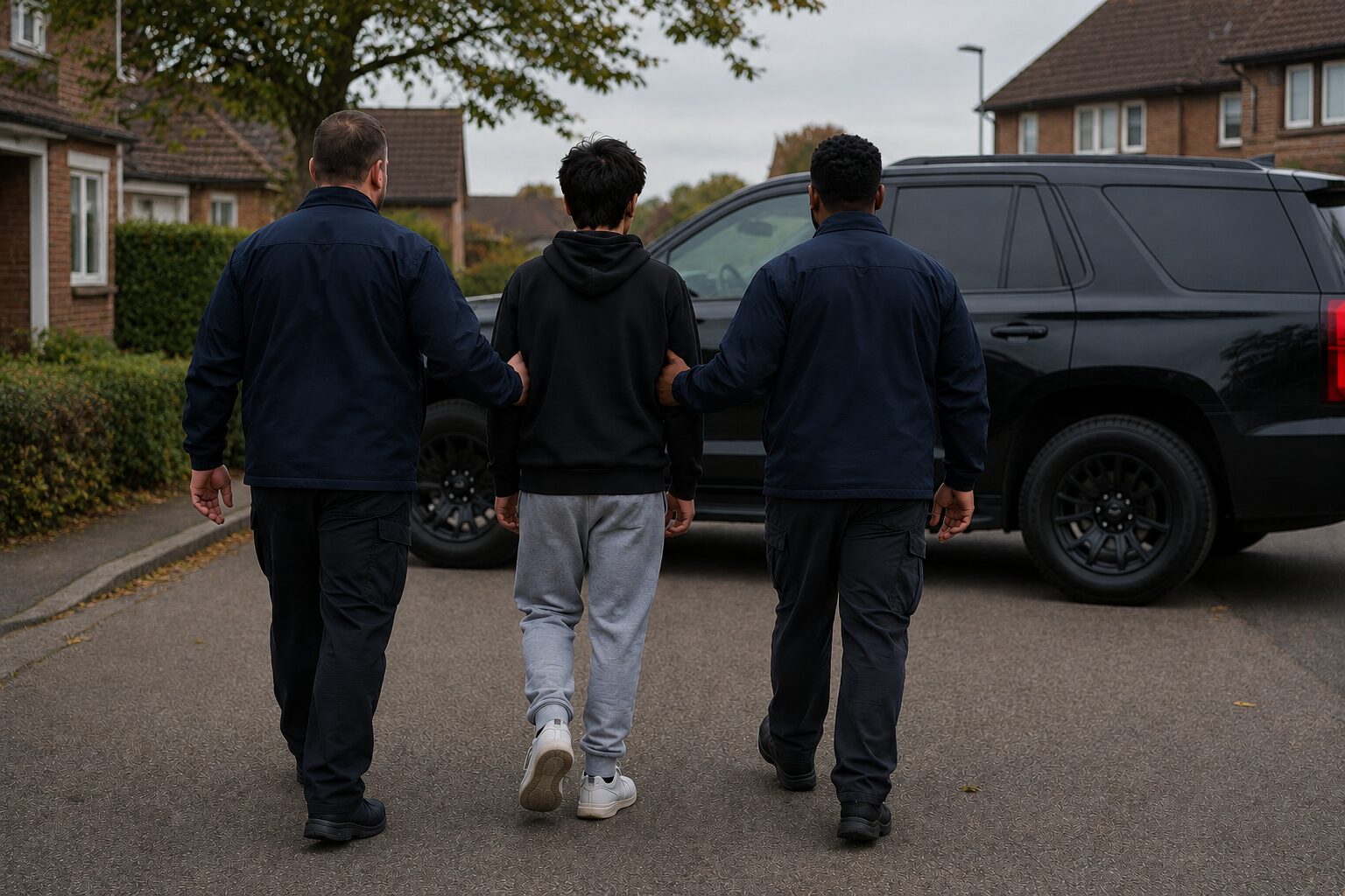 Two PSS escorts walking a young person to a waiting vehicle